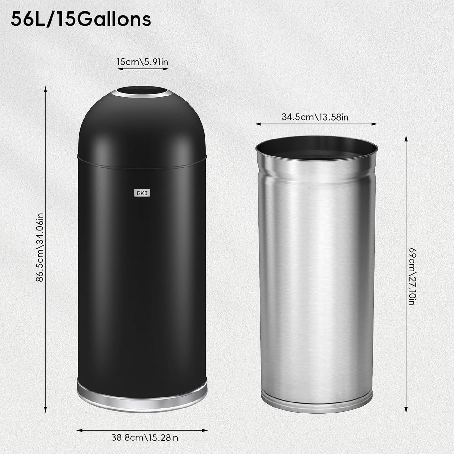 EKO Eternal 56L/15 Gallon Large Capacity Tall Commercial Trash Can, Round Open Top Waste Bin for Indoor and Outdoor, Black Steel Heavy-Duty, Durable Metal Garbage Bin for Home, Office, Restaurant