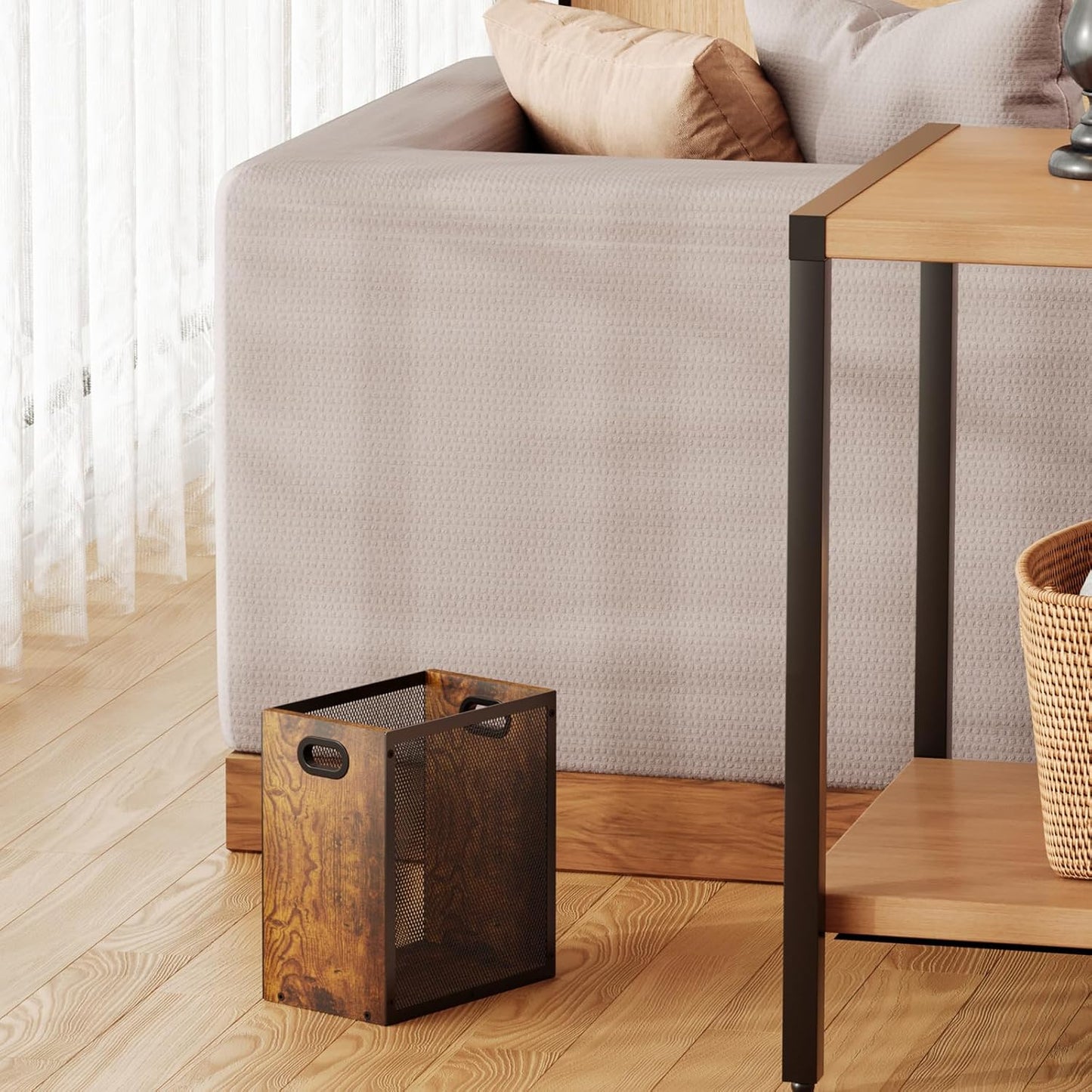 Small Trash Can, Retro Garbage Can With Handle, Iron and Wood Combination Office Trash Can, Industrial Style Design Wastebasket Bin for Bathroom, Laundry Room, Kitchen, Office, Dorm(2.2 Gallon)