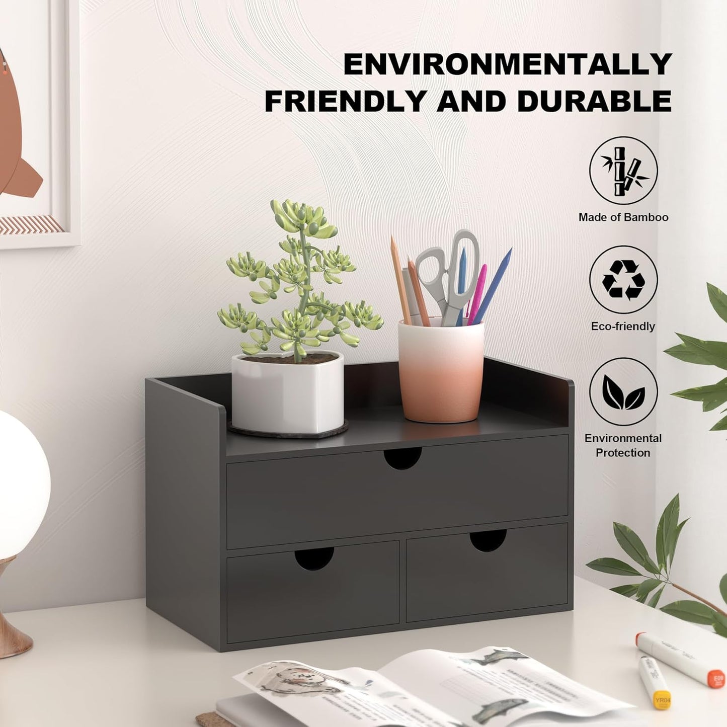 Bamboo Desk Organizer with Drawers Desktop Storage Drawers for Bills Office Supplies Kitchen Utensils Organizing Tool for Home Classroom Organization No Assembly (Black with Shelf)