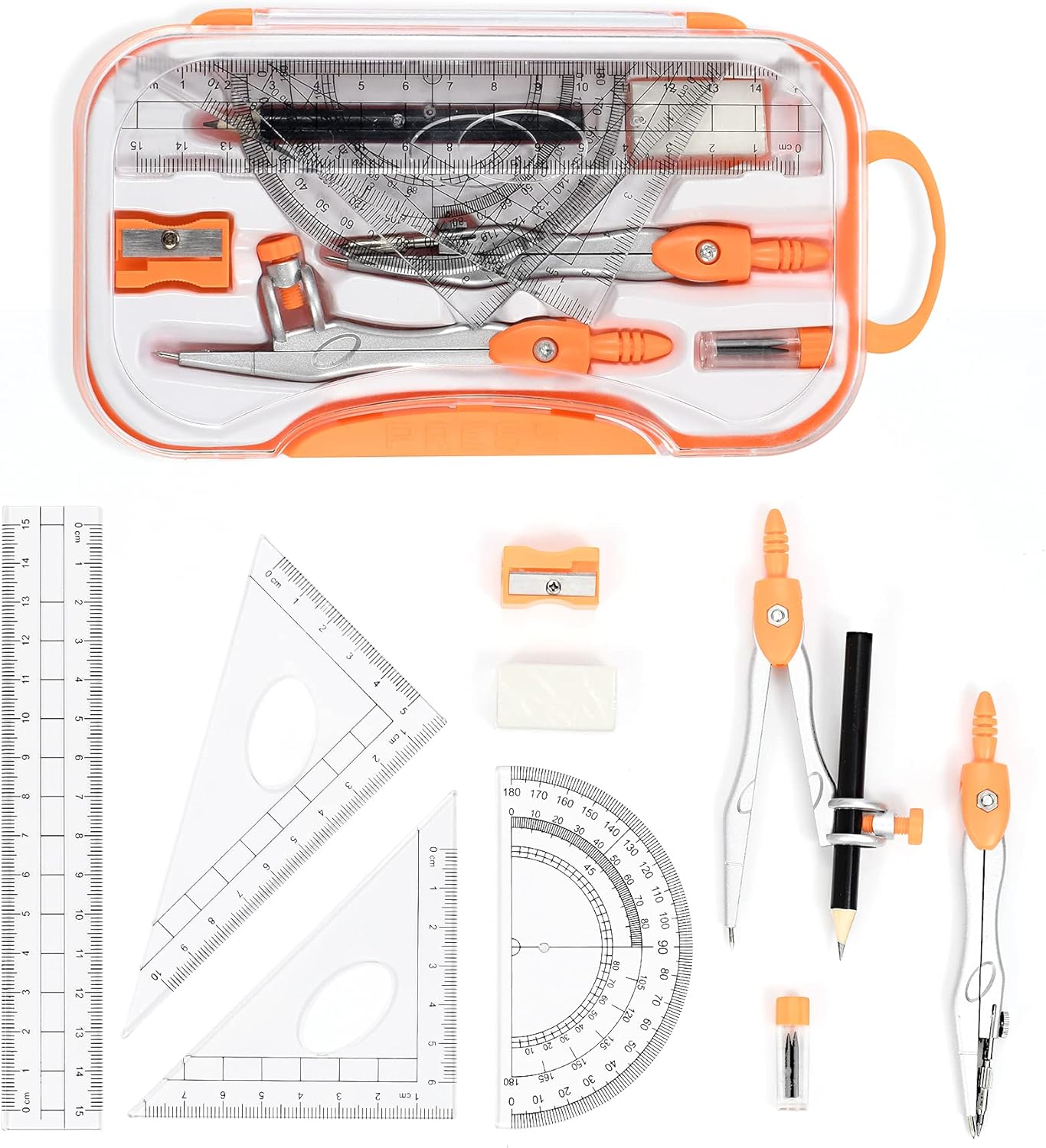 10 Pieces Math Geometry Kit Set Student Supplies with Shatterproof Storage Box,Includes Rulers,Protractor,Compass,Eraser,Pencil Sharpener,Lead Refills,Pencil,for School and Drawings（Orange）