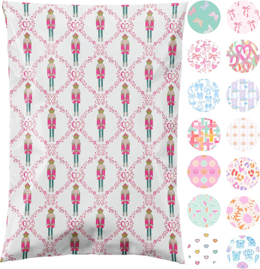 6x9 Designer Poly Mailer 100 Pack Heavy Duty Waterproof Self Seal Shipping Bags for Small Business Large Mailing Envelopes Bulk Tear Resistant Packaging Pink Nutcracker Christmas Holiday