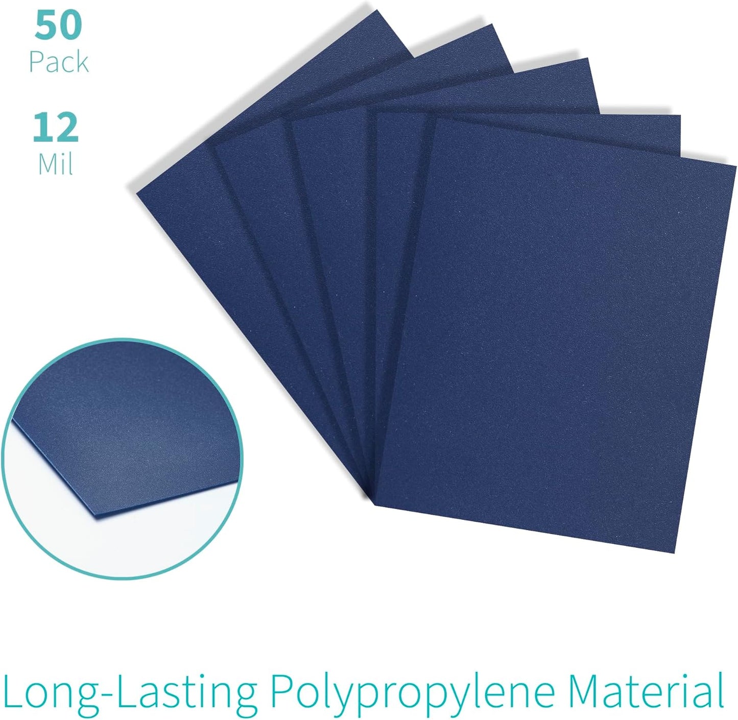 Binditek 50 Pack 12 Mil Sand-Textured Polycover, Midweight Binding Front and Back Covers, Lightly Sanded Finish, 8-1/2" x 11", Square Corners, Un-Punched, Navy, Office Supplies