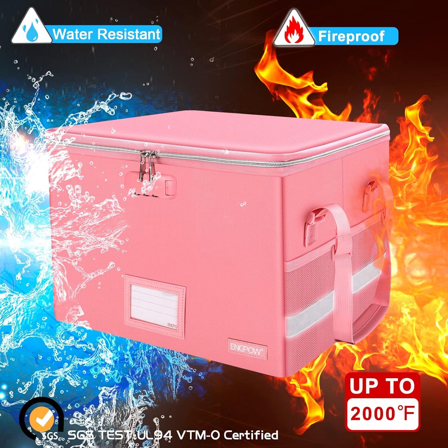 ENGPOW File Box with Lock, Fireproof Document Box with Zipper＆Pockets, Collapsible File Organizer Filing Storage Cabinet with Handle, Portable Home Office Safe for Hanging Letter/Legal Folder, Pink