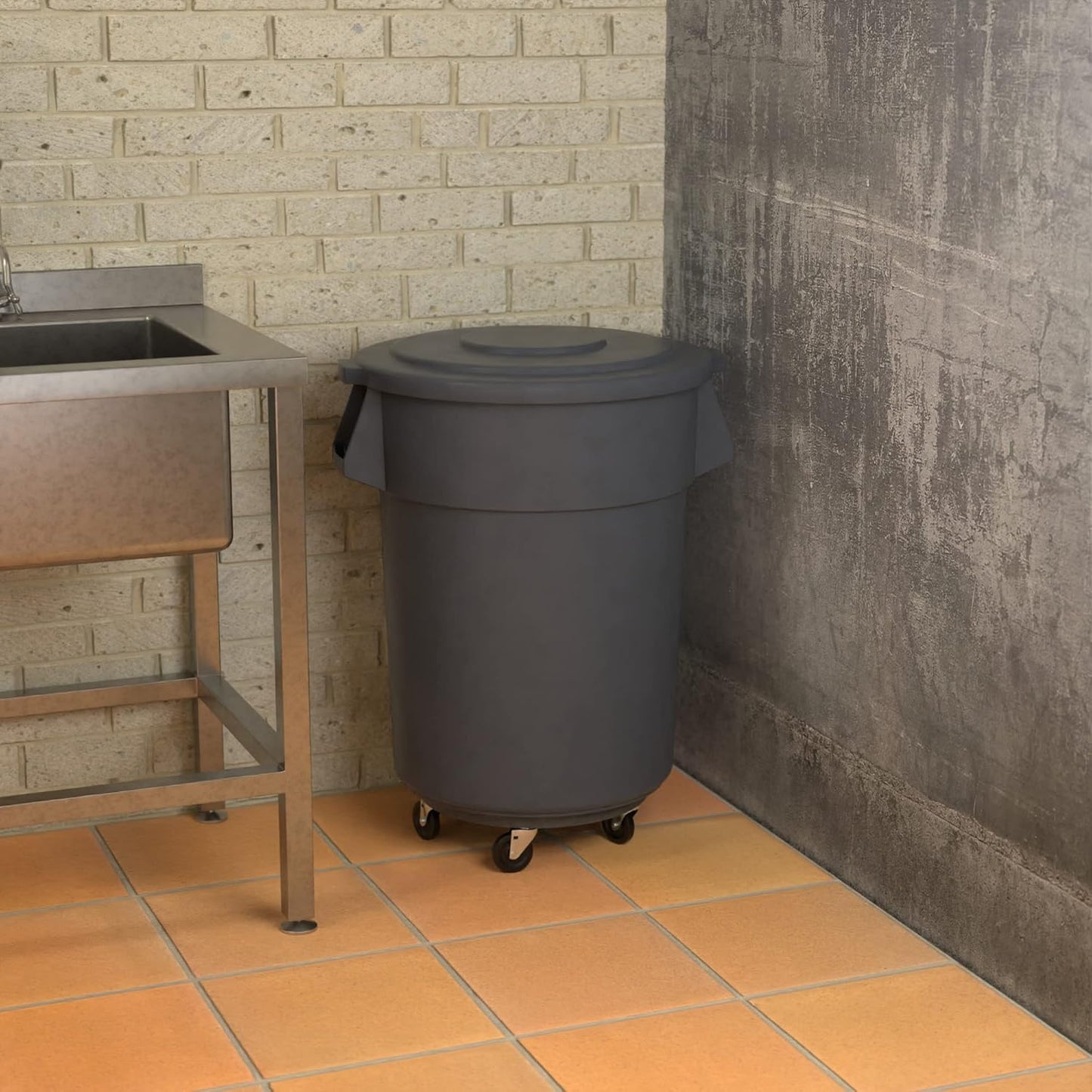 55 Gallon Gray Round Commercial Trash Can with Lid and Dolly