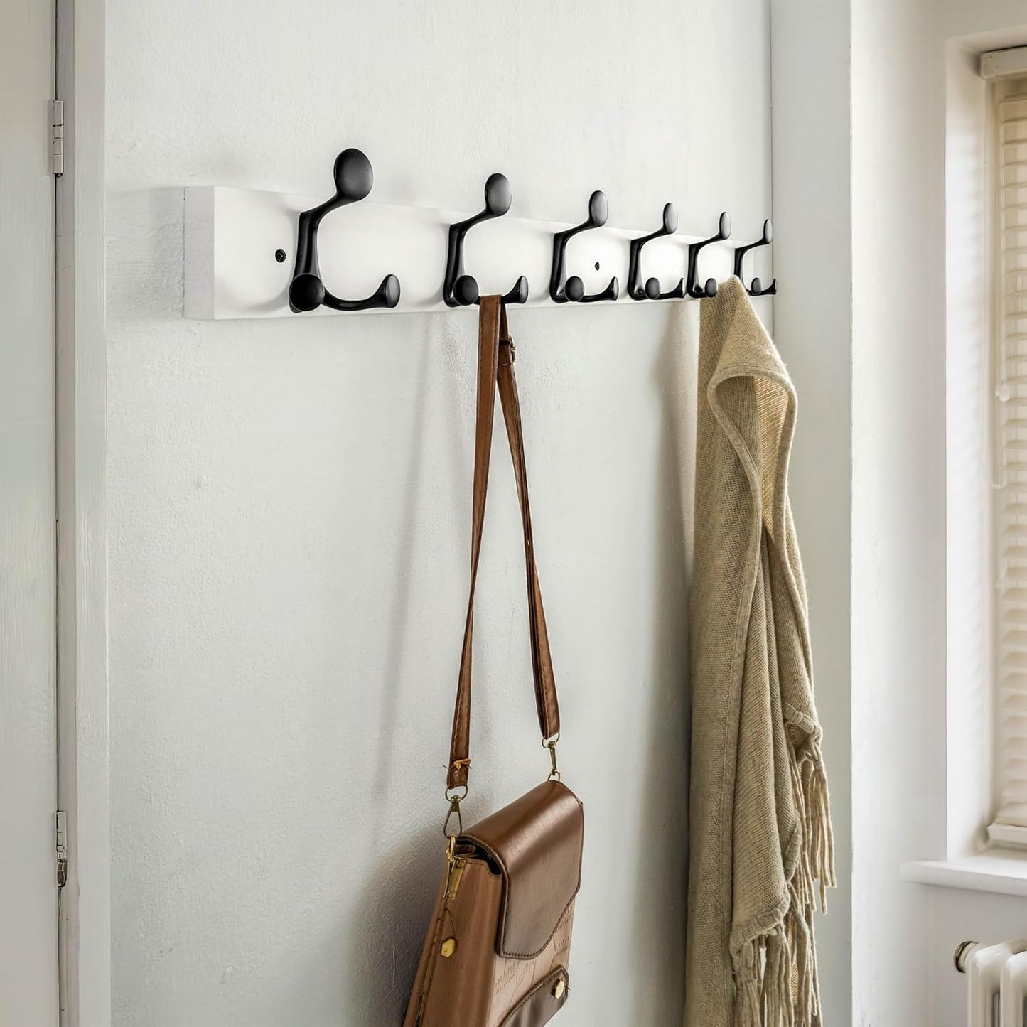 SKOLOO 36-Inch White Wood Coat Rack Wall Mount with 6 Triple Hooks - Ideal for Family Entrances, Classrooms, and Pet Supplies Storage - Perfect Coat Hooks for Wall