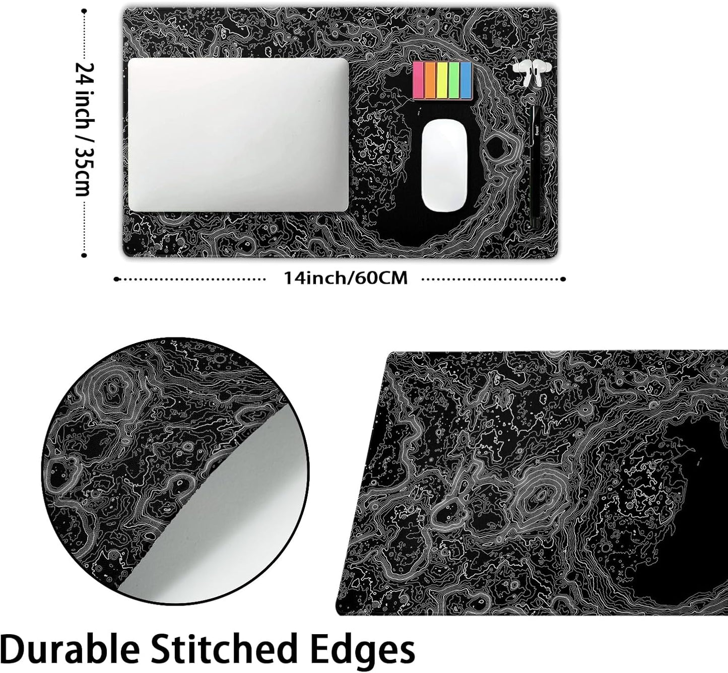 Black Whtie Topographic Gaming Mouse Pad XL Topo Moon Relief Map Extended Large Mat Mousepad Desk Pad Non-Slip Rubber Base Stitched Edge Long Keyboard Playmat for Desk Computer,24x14 Inch