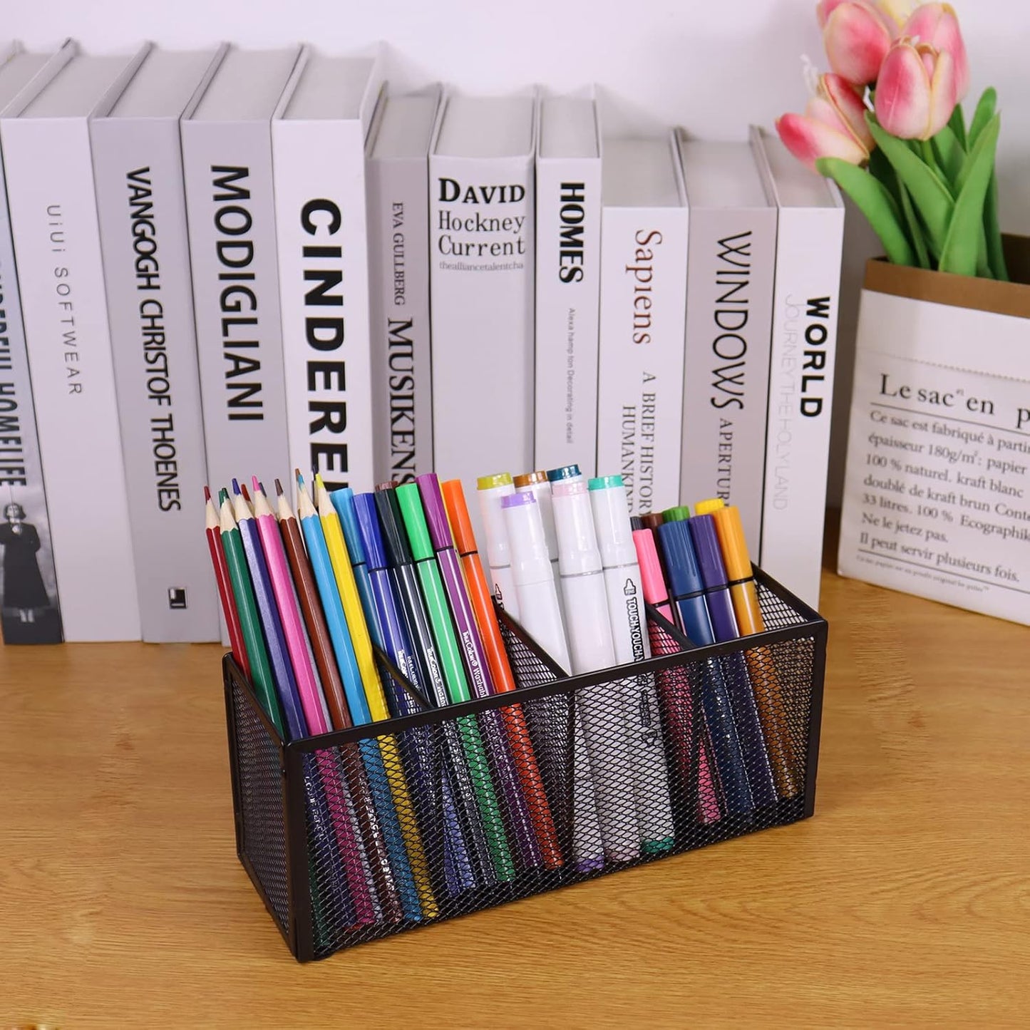 2PCS Black Mesh Pen Pencil Holder, Metal Desk Organizer Desktop Stationery Office Supplies Acessories Storage Stand, 4 Compartments Brushes Holder for Home School Classroom Teachers