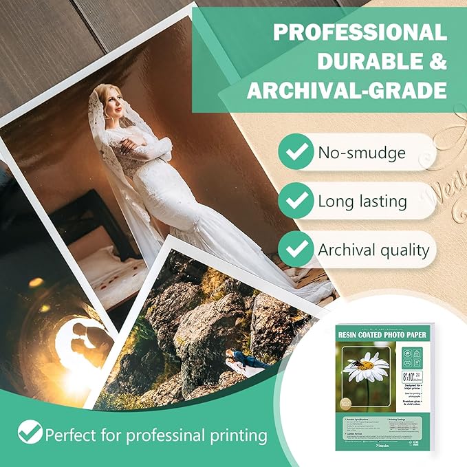 Ultra-Premium Glossy RC Photo Paper, Professional and Heavyweight Metallic Resin Coated Photo Paper, Pigment and Dye Inkjet Printer Suitable, Waterproof, 8x10, 50 Pack