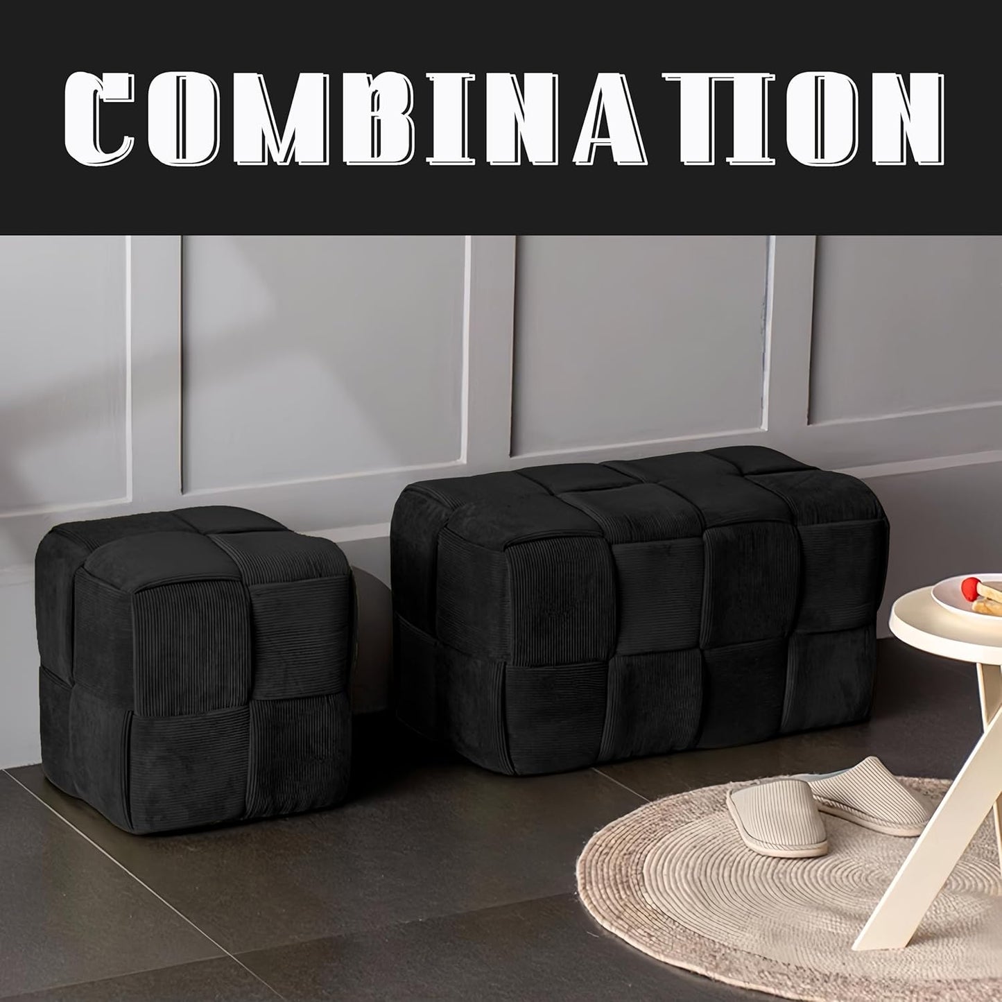 Ottoman Foot Rest Soft and Comfortable Ottoman Square Corduroy Woven Design Sofa Stool (Black-L)