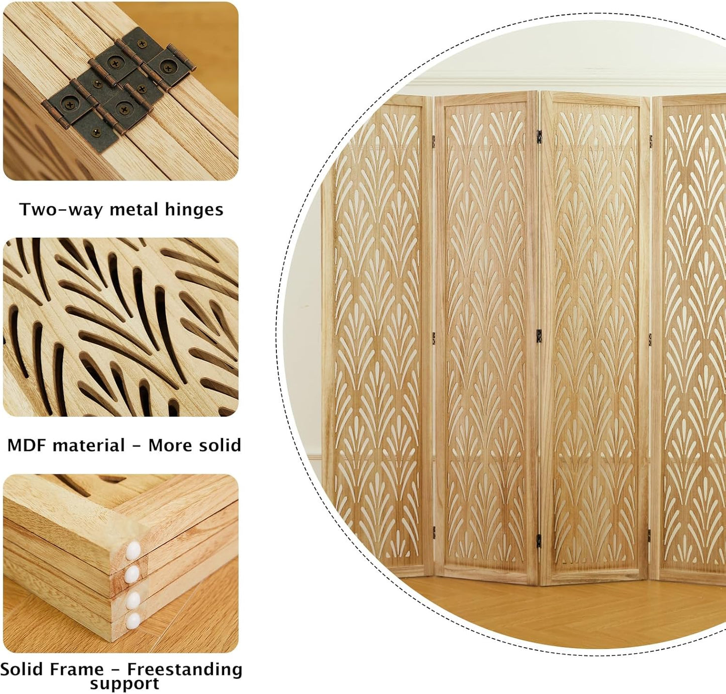 5.6Ft Room Divider Folding Wood Simple Carved Partition Screen for Home Office Garden - 4 Panels (Natural)