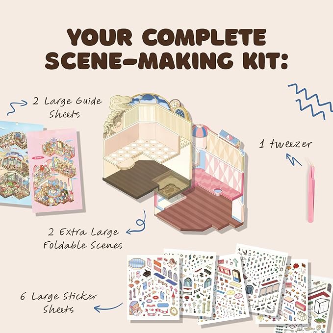 Foldable 3D Sticker Scene Kit - Interactive Large Sticker Scenes with Layeres for Adults & Kids, Detailed Miniature Scene Stickers Book Style with Tweezer, Creative Sticker Therapy Gift.