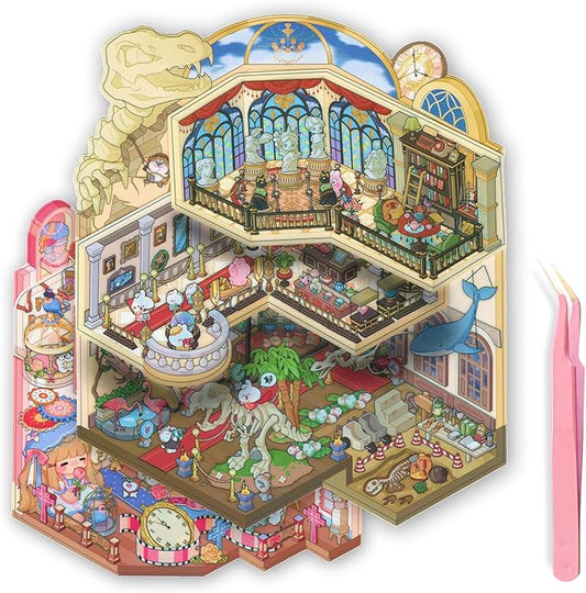 Foldable 3D Sticker Scene Kit - Interactive Large Sticker Scenes with Layeres for Adults & Kids, Detailed Miniature Scene Stickers Book Style with Tweezer, Creative Sticker Therapy Gift.