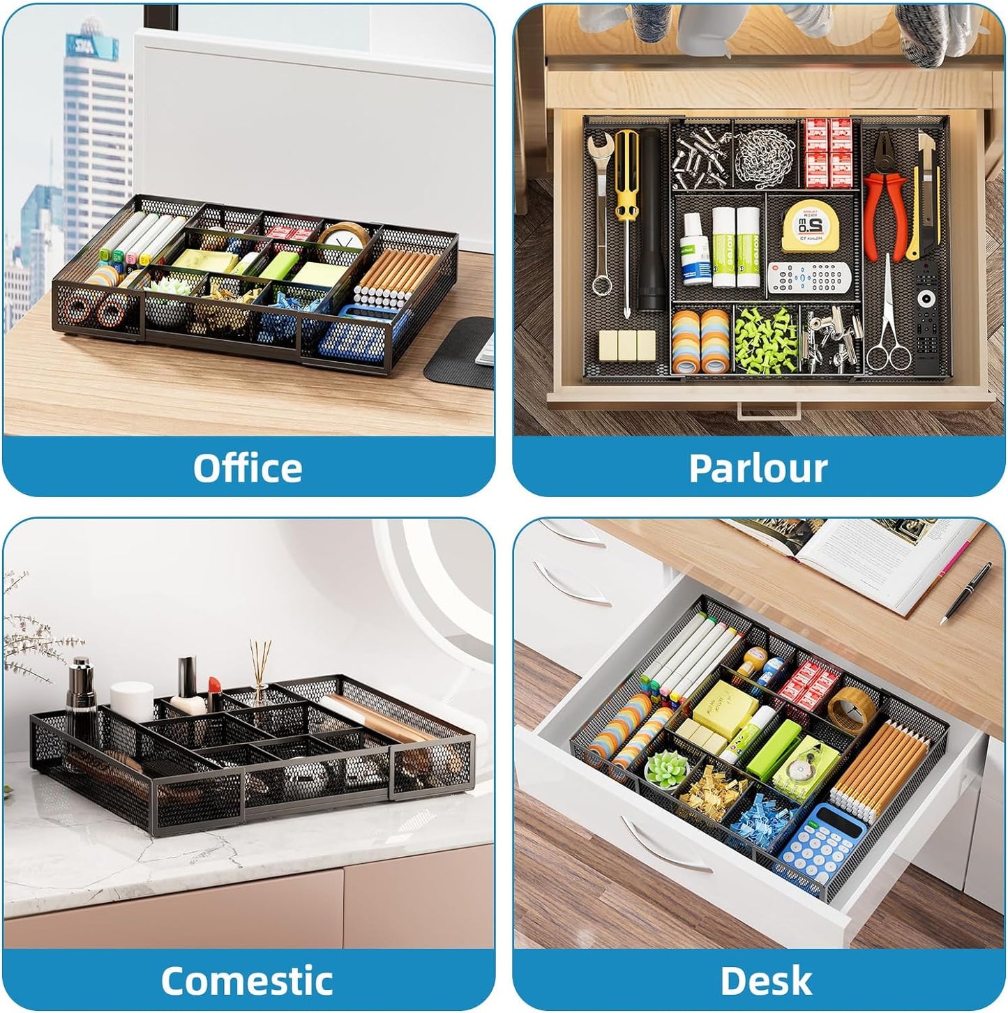 Marbrasse Expandable Desk Drawer Organizer, Mesh Drawer Organizer Tray with 10 Adjustable Compartments, Desk Organizers and Accessories, 5 Dividers Drawer for Office Supplies, Makeup & Vanity (Black)