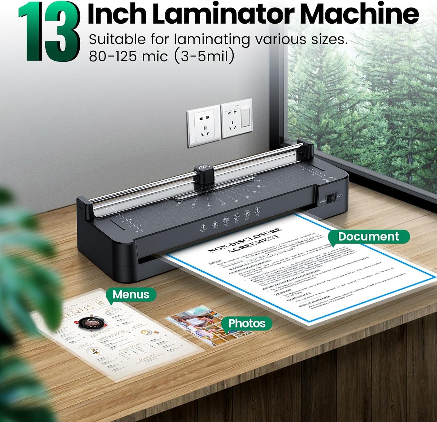 Laminator Machine with 40pcs Laminating Pouches Sheets, 9 in 1 Laminator 13-inch Wide Thermal &Cold Machine Built-in Paper Trimmer Corner Rounder Hole Punch for Home Office School (Black)