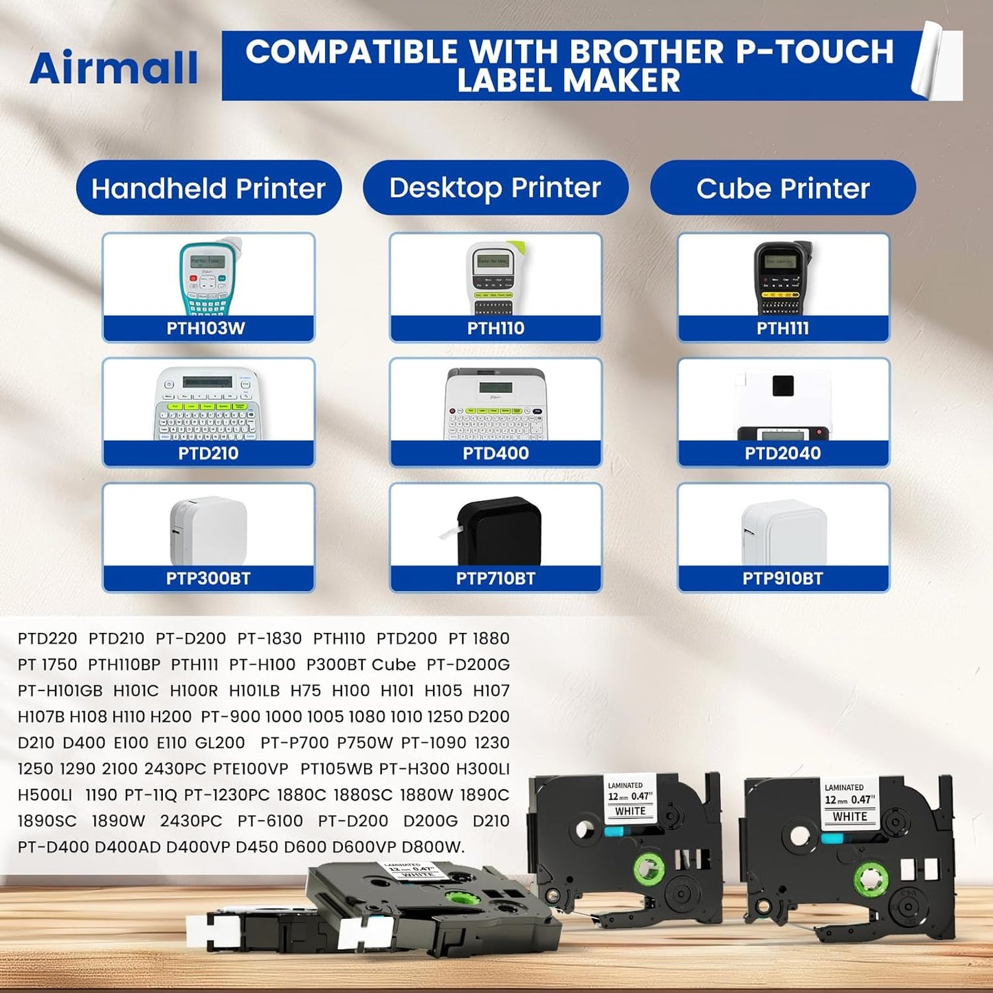 Airmall Tze 12mm 0.47 Laminated White Label Maker Tape Refill Compatible with Brother 12mm .47 Laminated White Tz Tape TZe-231 TZ-231 for PT-D200 D210 D220 H110 D410 P710BT 1750 1180, 20Pack