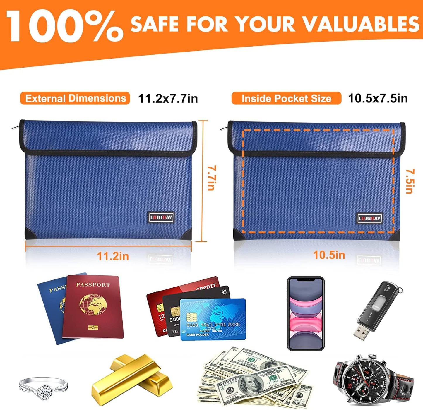 Fireproof Document Bag - with 5200°F Heat Insulated, Waterproof Fireproof Bag with Zipper, 8 Layers of Functional Materials, Fireproof Money Bag for Cash/Documents/Valuables, Fire bag 11"x7.7"