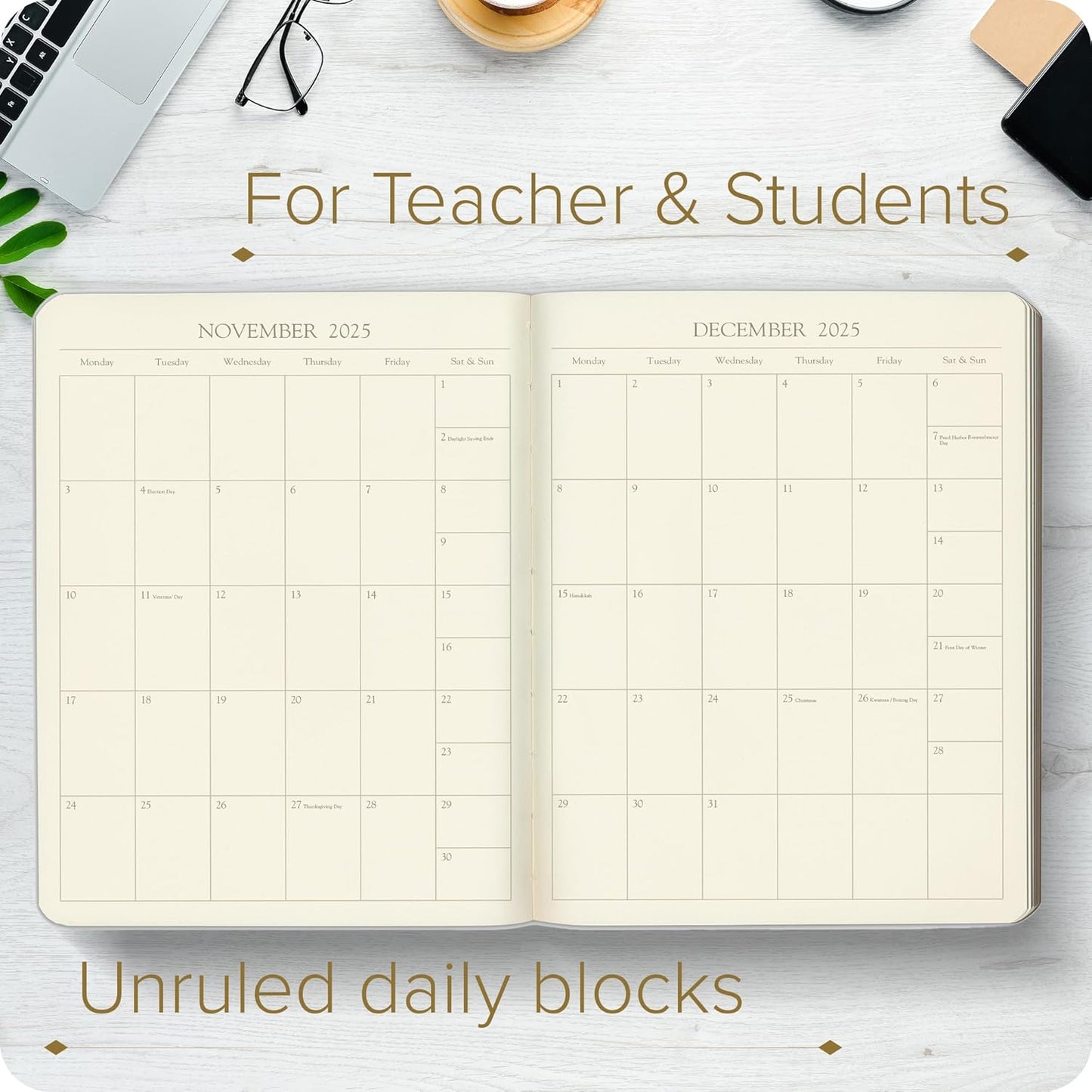 Gallery Leather Academic Planner 2025, Teacher and Student Weekly Monthly Planner, Elegantly Bound Calendar with Gold-Gilded Page Edges, 18 Months - Caribbean Yellow - 9 x 7 "