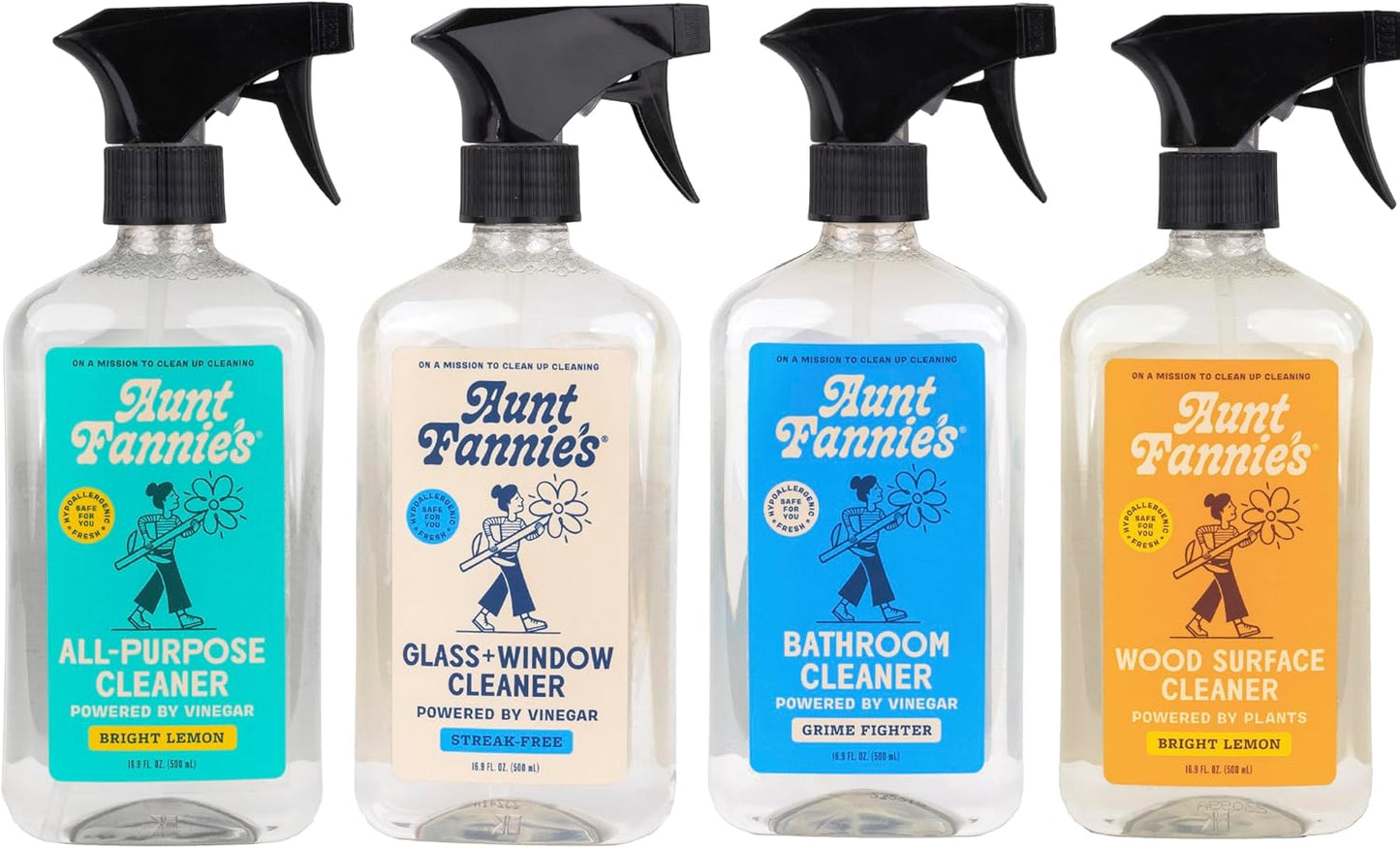 Aunt Fannie's Cleaning Spray Variety Pack, Lemon All Purpose Vinegar, Glass & Window, Bathroom, and Wood Surface Cleaner, 16.9 oz each, Pack of 4