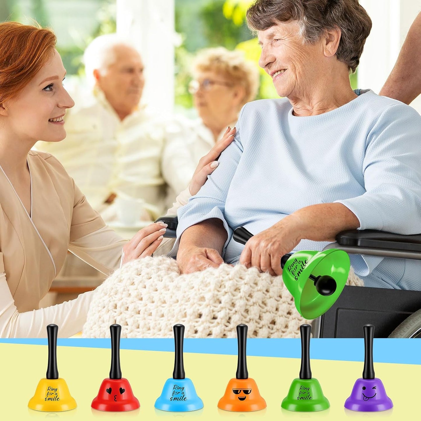 6 Pcs Call Bell Ring Service Hand Bell Smile Ringing for Desk Classroom Hotel Counter Reception Restaurant Food Line, Wedding Events(6 Color)