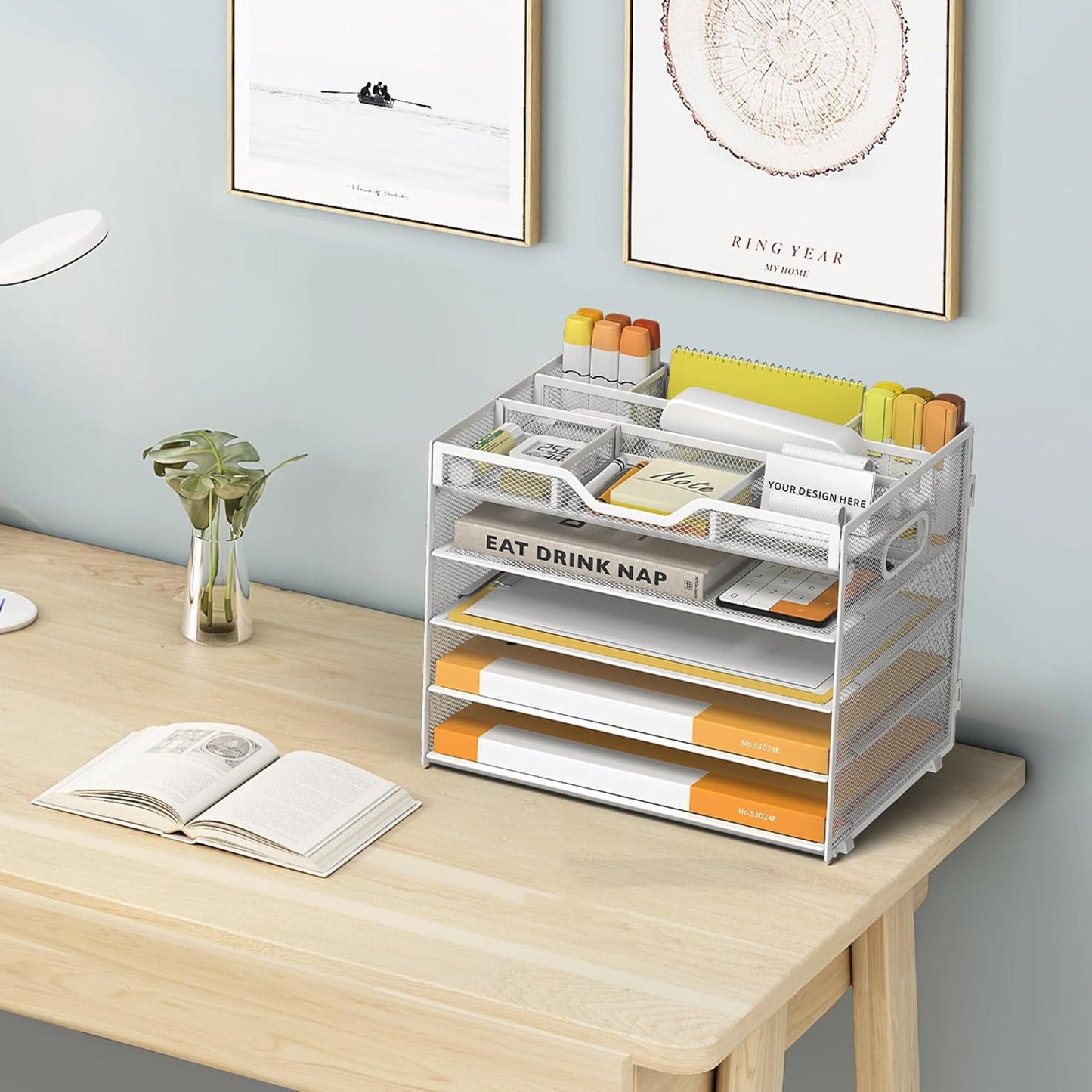 5 Tier Paper Letter Tray with 3 Drop-in Pen Holders, Mesh Desk File Organizer with Handle, Desk Organizers and Accessories for School,Home, Office Supplies Storage-White