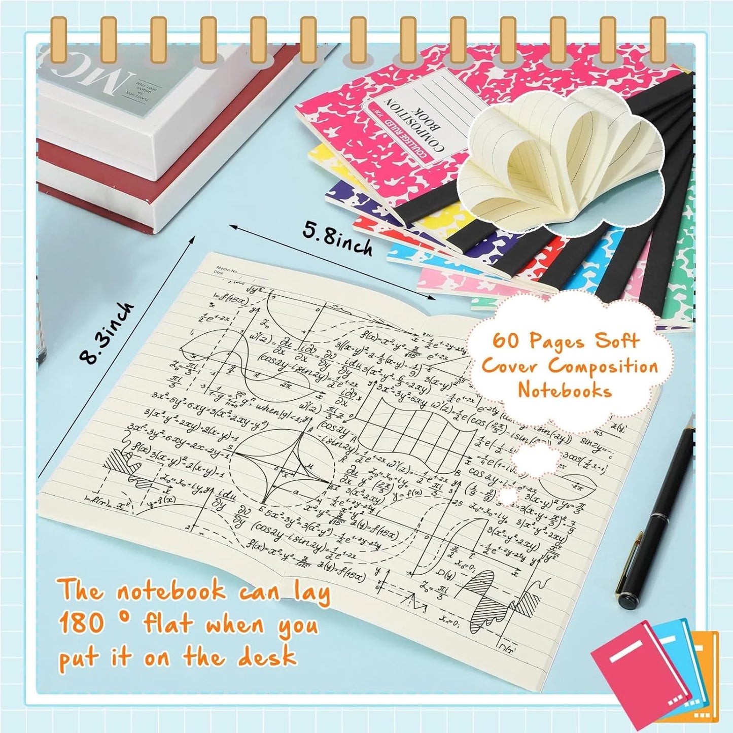 Fainne 100 Pack A5 Composition Notebooks Bulk College Ruled Composition Notebooks Marble Covers Notebook for Student Classroom Office Supplies 30 Sheet/60 Page(10 Color)