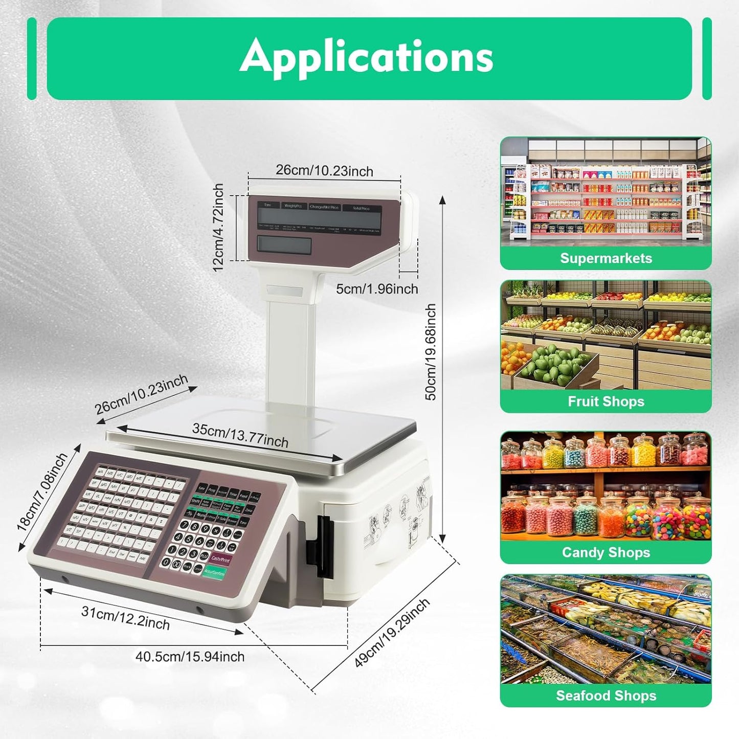 Label Printing Scale with Dual TD Thermal Label & Receipt Printer, 110-220V Electronic Price Computing Scale Pole Display, 66LBS Commercial Barcode Scale for Retail Outlet Store Food Meat Shop
