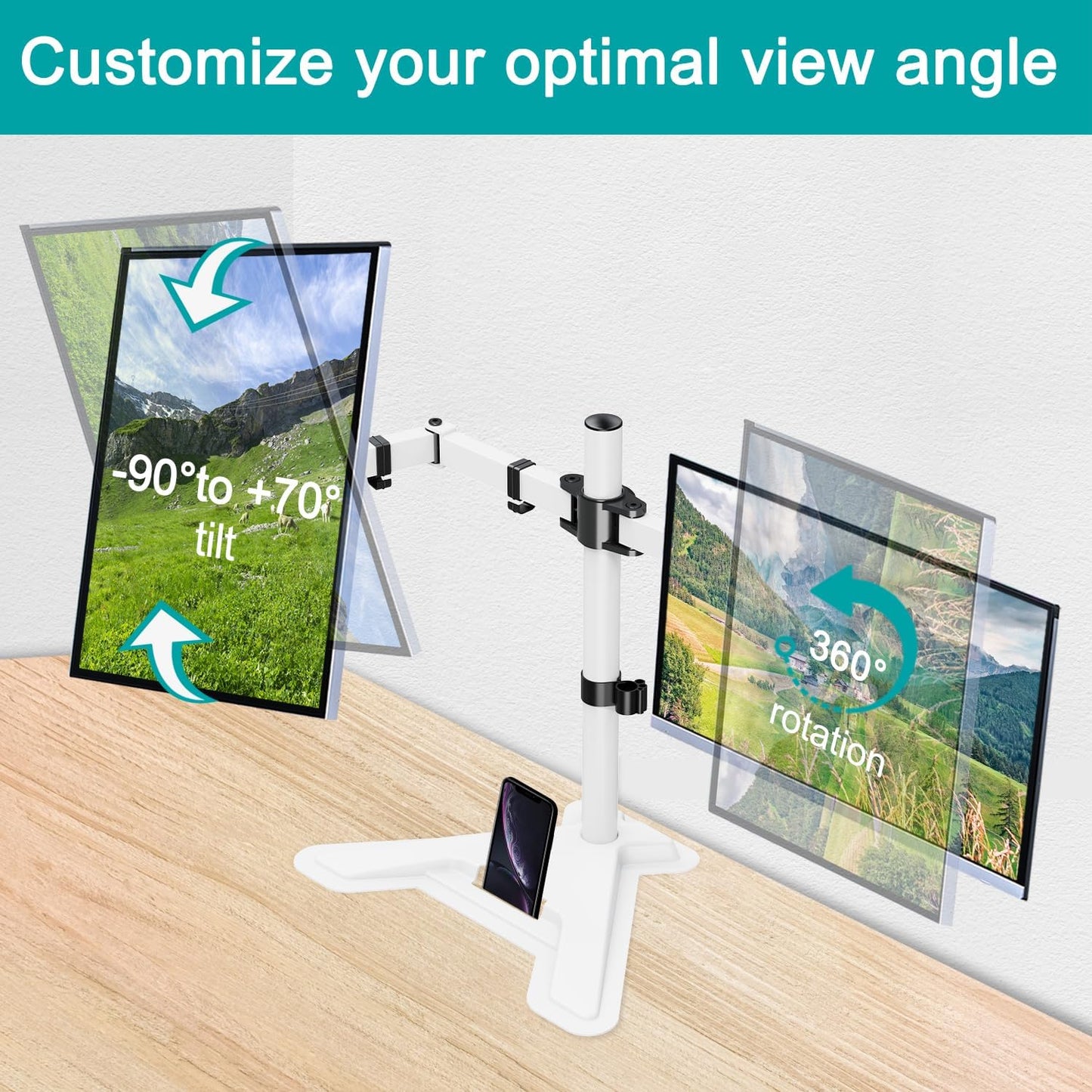 MOUNT PRO Dual Monitor Stand, Free-Standing Full Motion Monitor Desk Mount Fits 2 Screens up to 27 inches,17.6lbs with Height Adjustable, Swivel, Tilt, Rotation, VESA 75x75 100x100,White