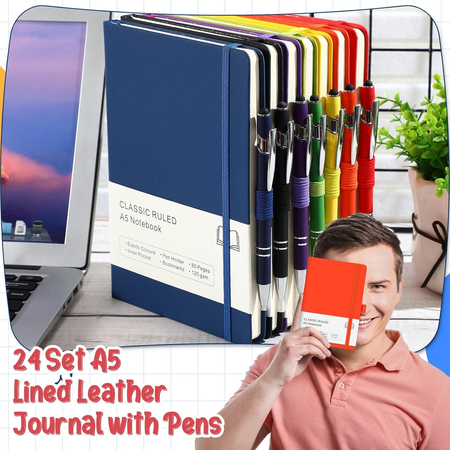 24 Sets Journal Notebook Bulk A5 Hardcover Notebook Classic Journal Set with Pen Holder with Pens for School Business Work Travel Writing (Multicolor)