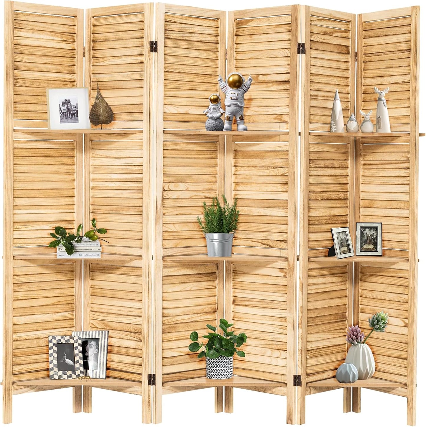 NicBex 6 Panel Room Divider 5.6FT Louvered Design Room Dividers with Display Storage Shelves Folding Privacy Screens Portable Freestanding Partition Wall Dividers for Home Bedroom Office, Natural Wood