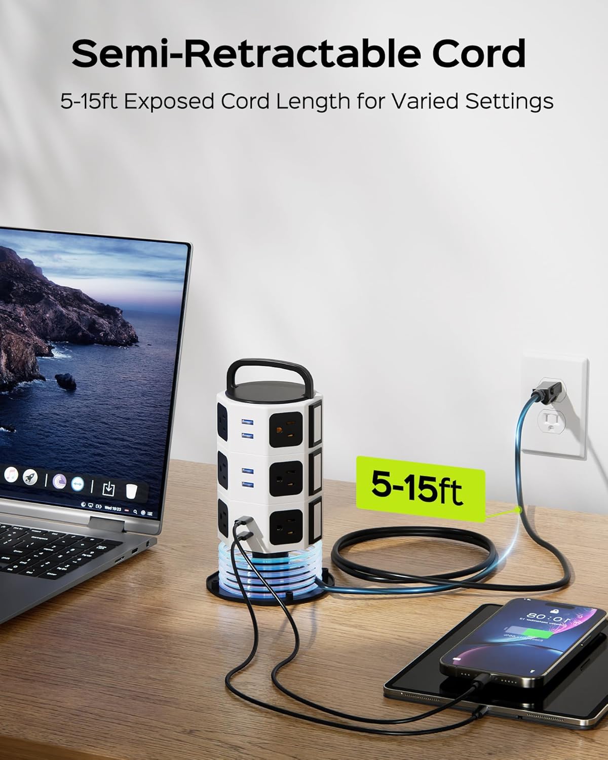 Power Strip Tower Surge Protector, JACKYLED 1625W 13A Outlet Surge Electric Tower, 12 Outlets 6 USB Ports Charging Station with 16AWG 15ft Heavy Duty Extension Cord for Home Office Dorm