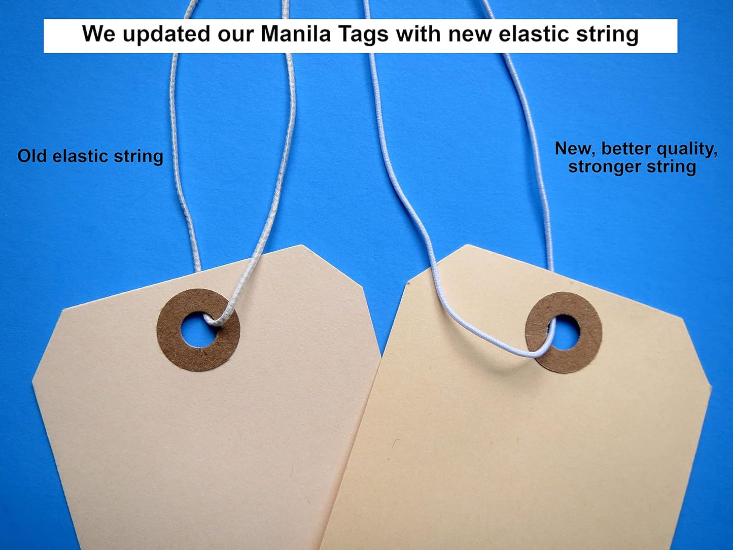 Tags with Elastic String Attached - #5, 4 3/4" x 2 3/8" Box of 200 Manila Paper Label Tags with Elastic Loop and Reinforced Hole