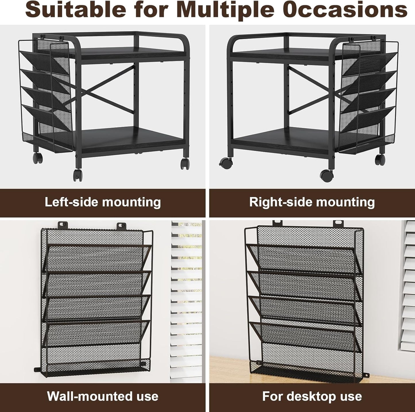EasyCom Large Printer Stand with File Holder Organizer, Adjustable Height Shelf with Wheels, Rolling Printer Cart with Storage for Printer Scanner Fax Home Office Use Black