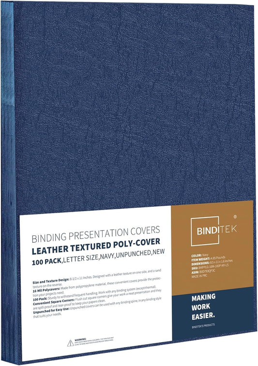 Binditek 100 Pack 16 Mil Leather-Textured Heavyduty Polycovers, Letter Size, Plastic Binding Presentation Covers, 8-1/2 x 11", Square Corners, Unpunched, Navy, Office Supplies