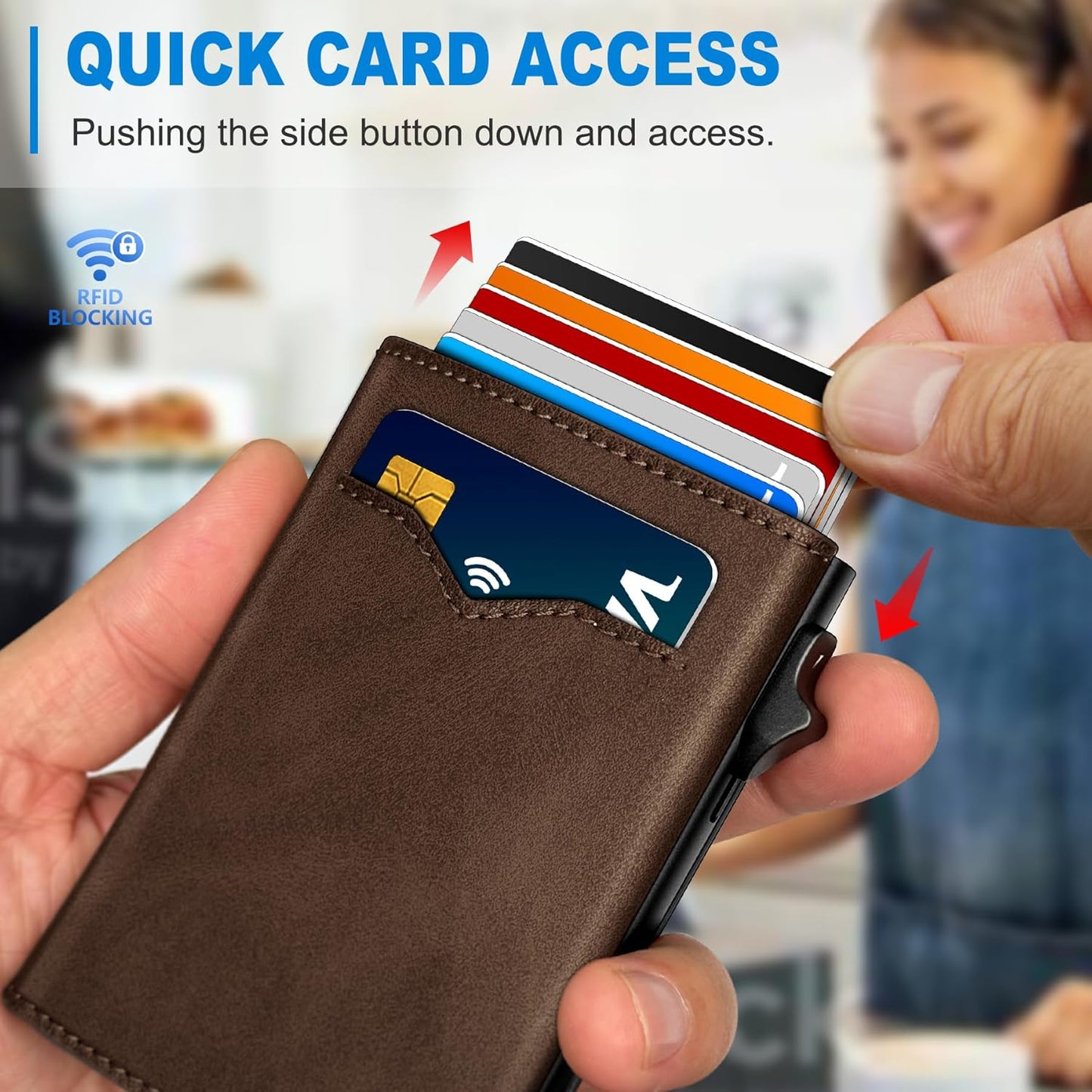 Wallet for Men,with Cash Pocket 2 ID Window 9-13 Cards,Metal Case Smart Slim Pop Up Credit Card Holder Flip with Magnetic Closure RFID Blocking Trifold wallet with Gift Box