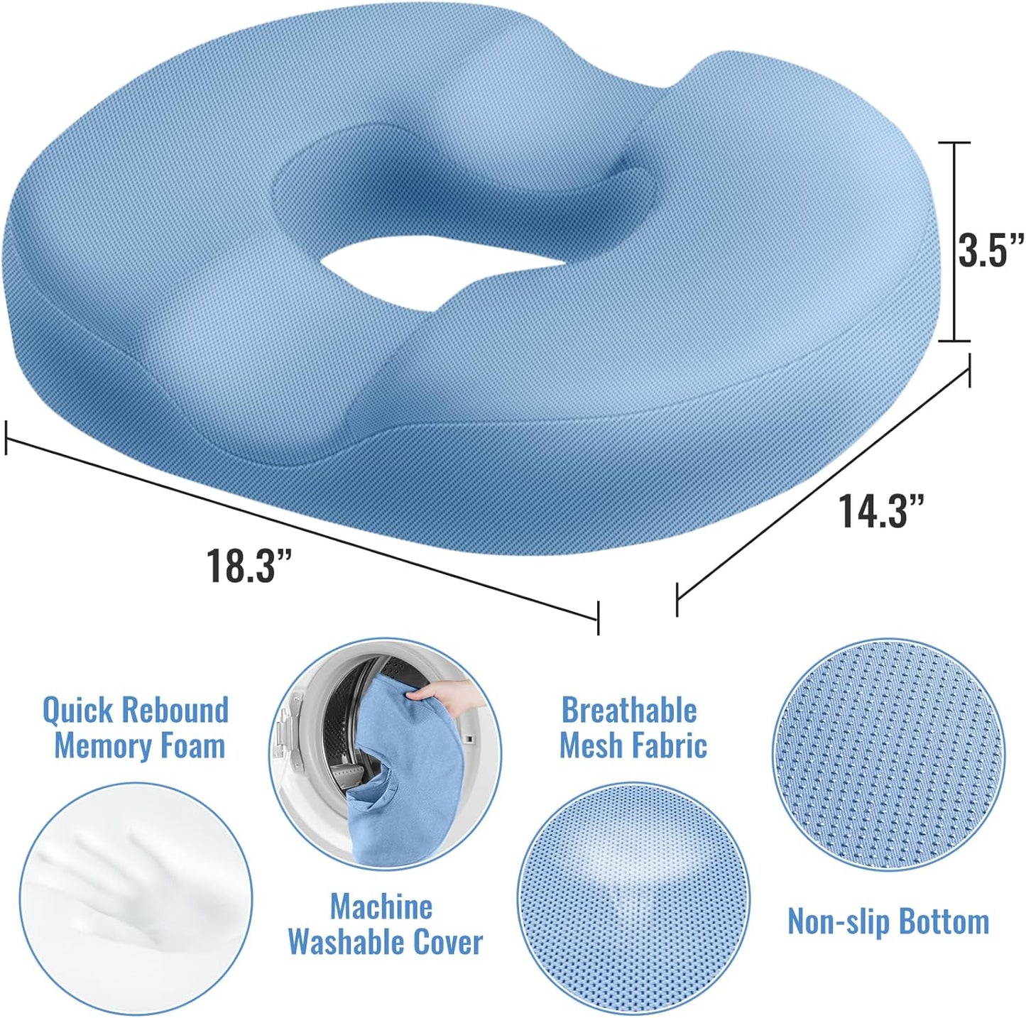 CloudBliss Donut Pillow Seat Cushion Chair Pad for Tailbone Pain Relief and Hemorrhoids, Memory Foam Seat Chair Cushion for Men and Women for Home & Office, (Light Blue-XL)