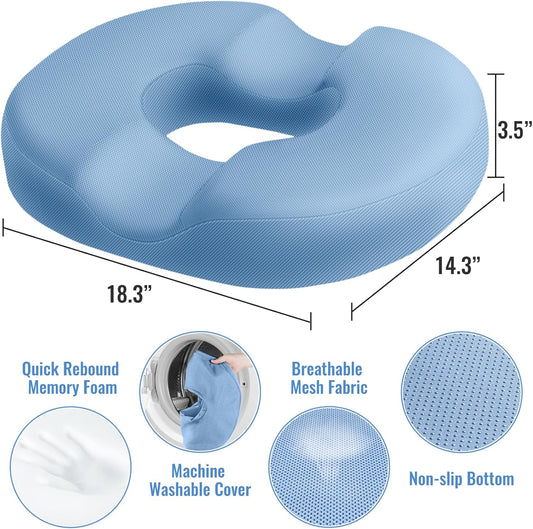 CloudBliss Donut Pillow Seat Cushion Chair Pad for Tailbone Pain Relief and Hemorrhoids, Memory Foam Seat Chair Cushion for Men and Women for Home & Office, (Light Blue-XL)