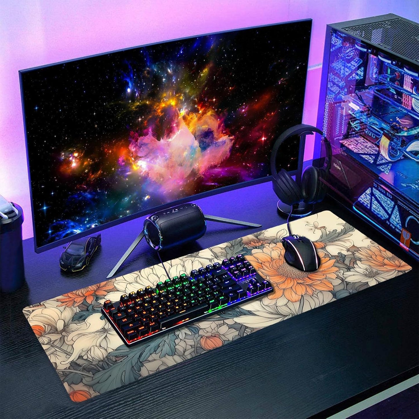 Minimalist Floral Gaming Mouse Pad XL White Orange Aesthetic Flowers Japanese Extended Large Mat Mousepad Desk Pad Non-Slip Rubber Base Stitched Edge Long Keyboard Pad for Computer,31.5×11.8 Inch