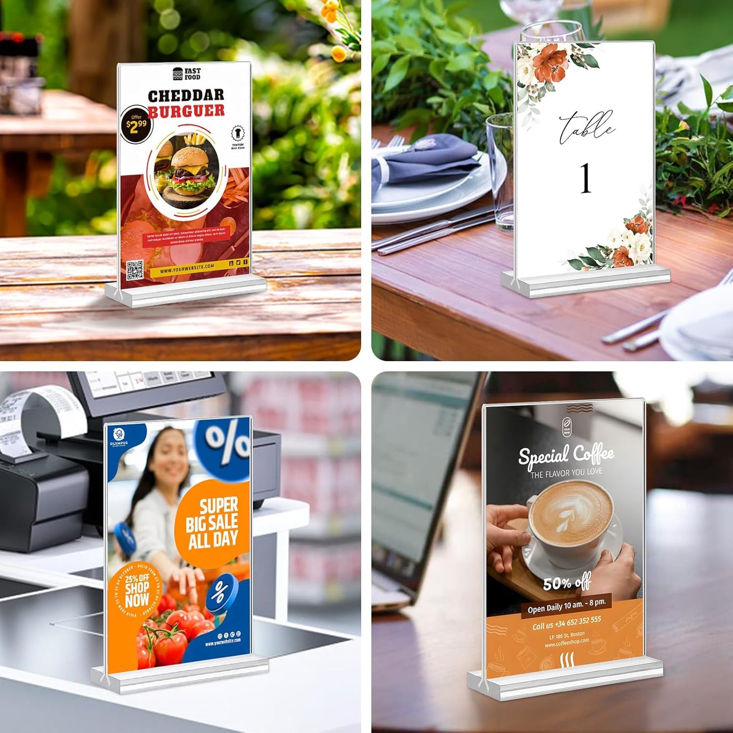 Acrylic Sign Holder 5x7,6 Pack Clear Plastic Table Display Vertical Double-Sided Desktop Display Stand Paper Holder Clear Table Sign Holder for Menu ad Frame Suitable Restaurants Meeting Office Store