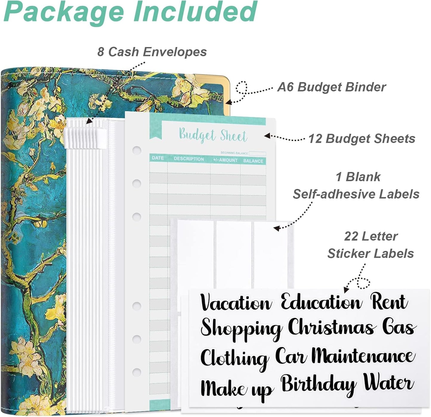 Rnivvi Budget Binder with Zipper Envelopes, A6 Money Saving Binder Cash Envelopes for Budgeting, PU Leather Planner Money Organizer for Cash Bills, Cute Floral System Wallet for Women, Blue Flower