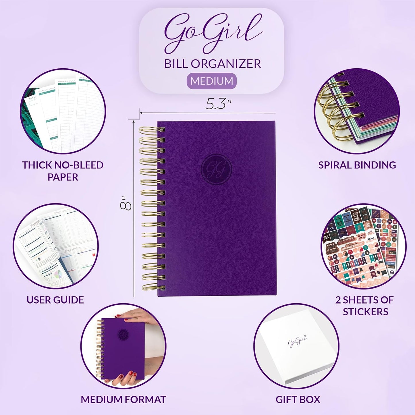 GoGirl Budget Planner & Monthly Bill Organizer – Monthly Financial Book with Pockets. Expense Tracker Notebook Journal, Compact (Purple)