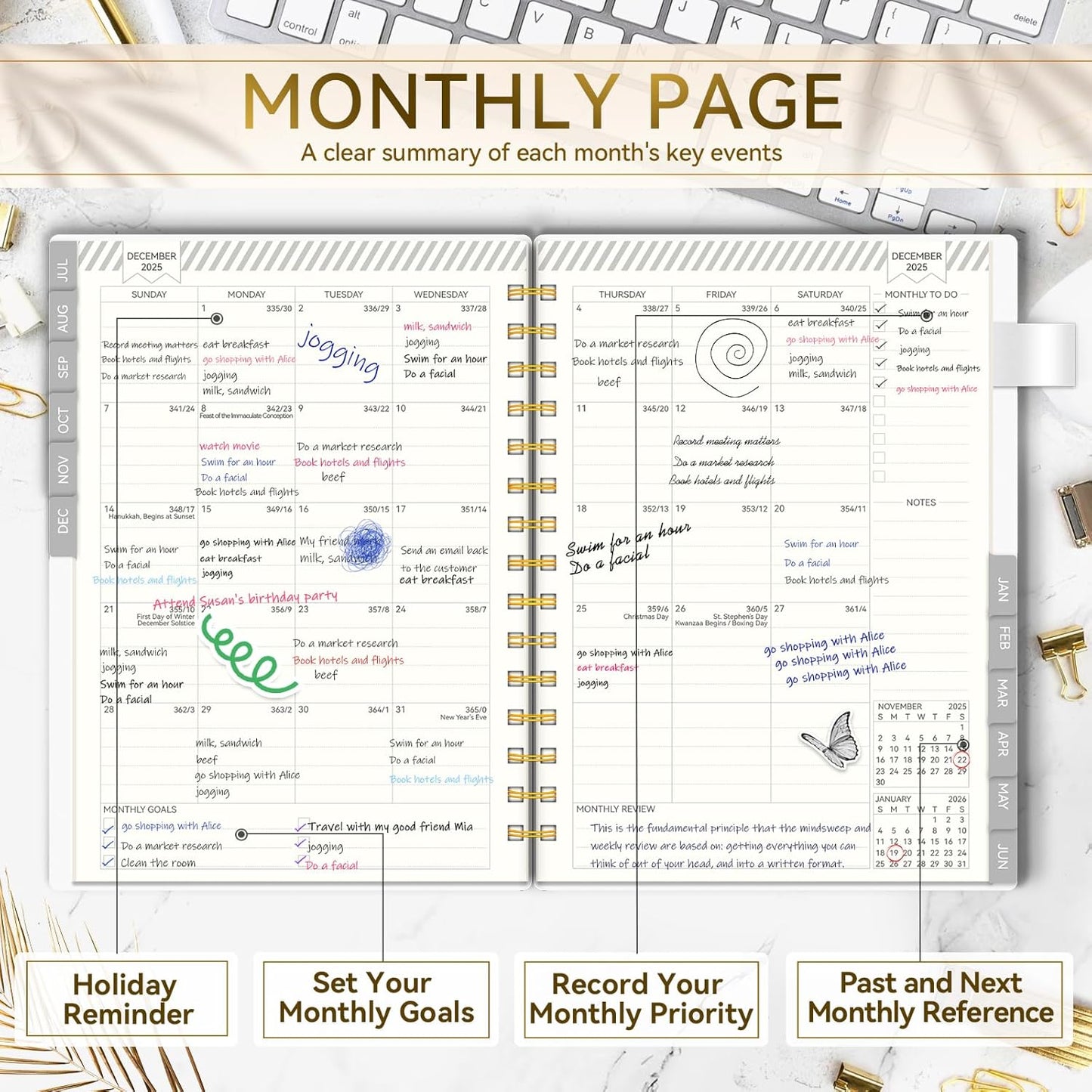 Planner 2025-2026, Weekly and Monthly Planners run from Jul.2025 - Jun.2026, AIMPEAK Calendar Planner with Monthly Tabs, White Marble, 5.5"x8.5"
