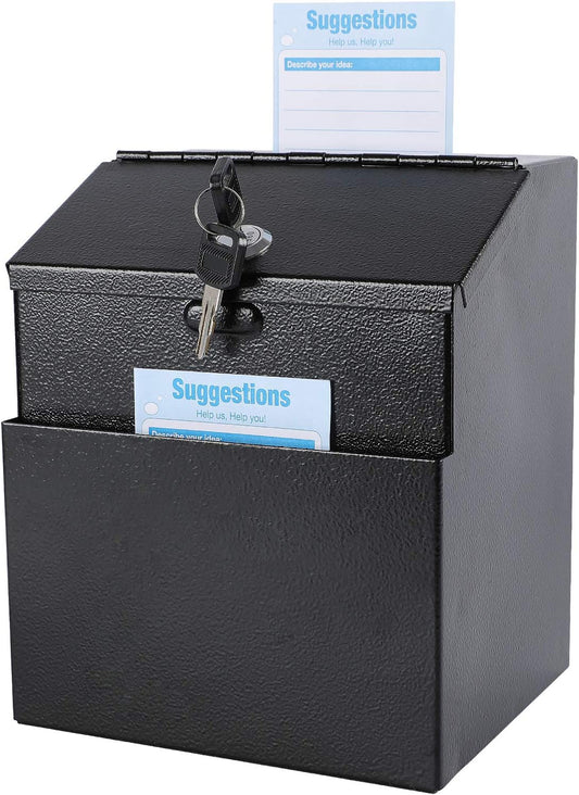 xydled Suggestion Box with Lock Wall Mountable Metal Donation/Ballot/Voting/Collection/Key Drop Box with 50 Free Suggestion Cards 7.1"x 5.7"x 8.1" Black