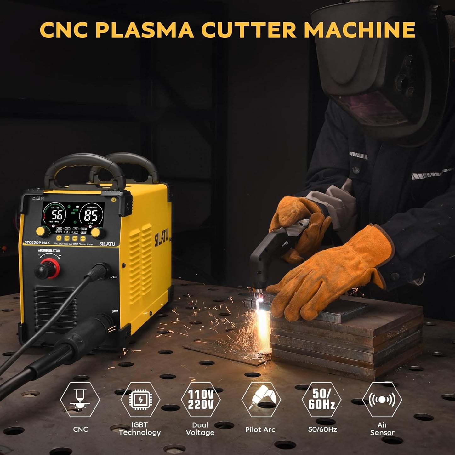 SILATU CNC Plasma Cutter Machine, 85Amp Blow Back Pilot Arc Air Sensor Technology, Large Screen Display,110V/220V Dual Voltage Non-Touch CNC Plasma Cutting Machine, 1 Inch Cutting Thickness
