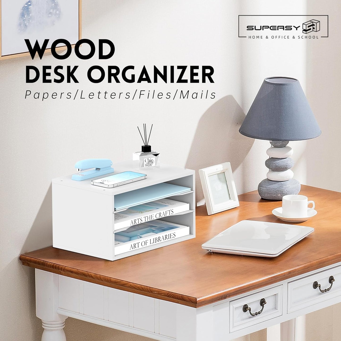 SUPEASY Wood Desk Organizer, 3 Tier Paper File Organizer for Desk, Wooden Desktop Organizer, Paper Letter Literature Mail Sorter, for Office School & Home Organization, White
