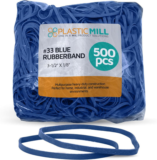 PlasticMill Blue Rubber Bands Size 33 (3 1/2" x 1/8") - #33 Colored Rubber Bands Office Supplies - Strong, Elastic Bands for Crafts, Balloon Garland, Cash, File Folders (500-Pack)