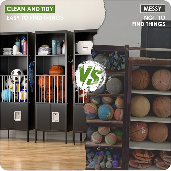 Aobabo 72" H Metal Storage Locker for Gym, for Stores Sports Gear Footballs, Rugby Balls and Tennis, Open Storage Locker with Hooks for School, Gym, Black, Assembly Required