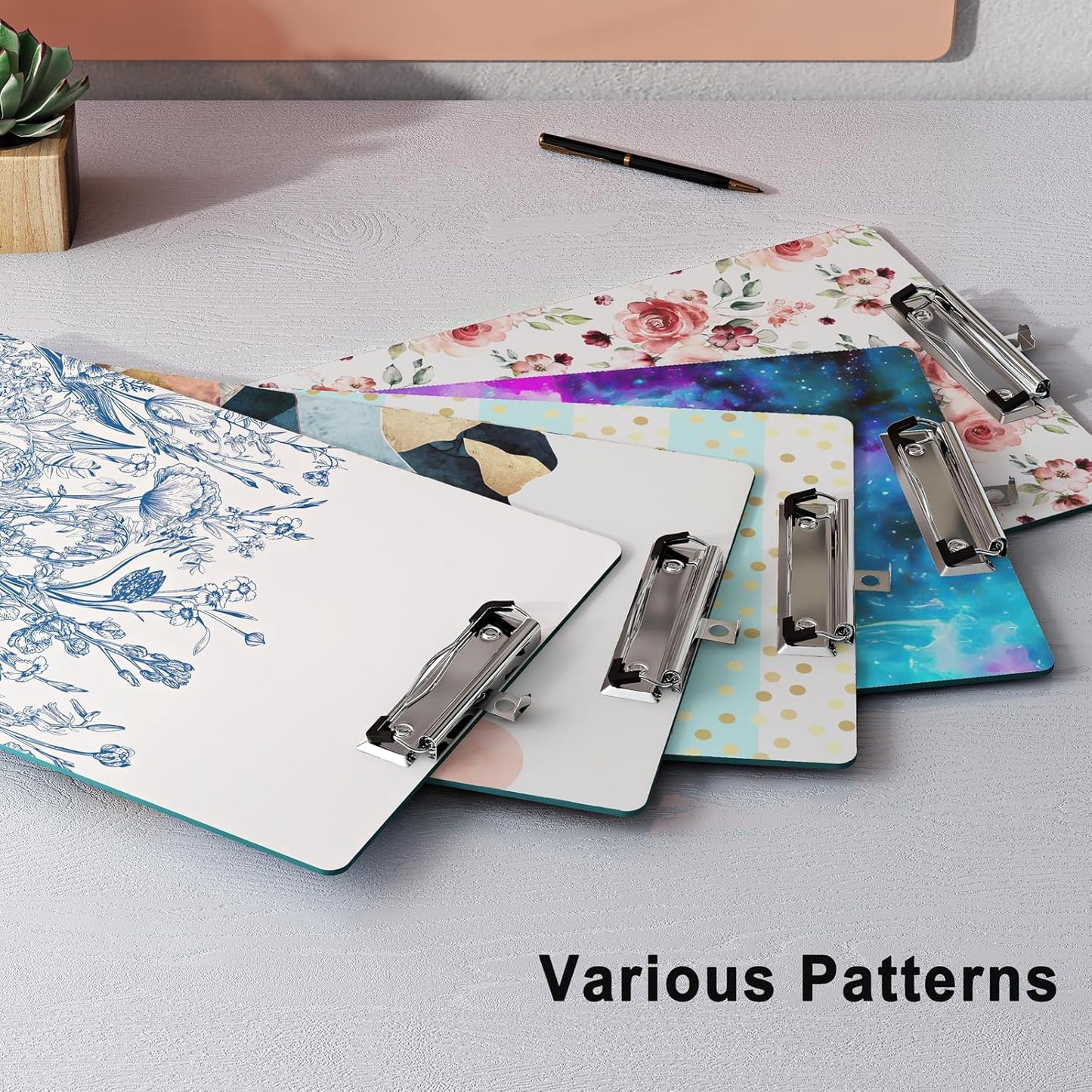 Clipboard Design Decorative Wood A4 Letter Size Clip Boards for Classroom Office, Standard Size 9" x 12.5" with Low Profile Metal Clip - Blue Flower