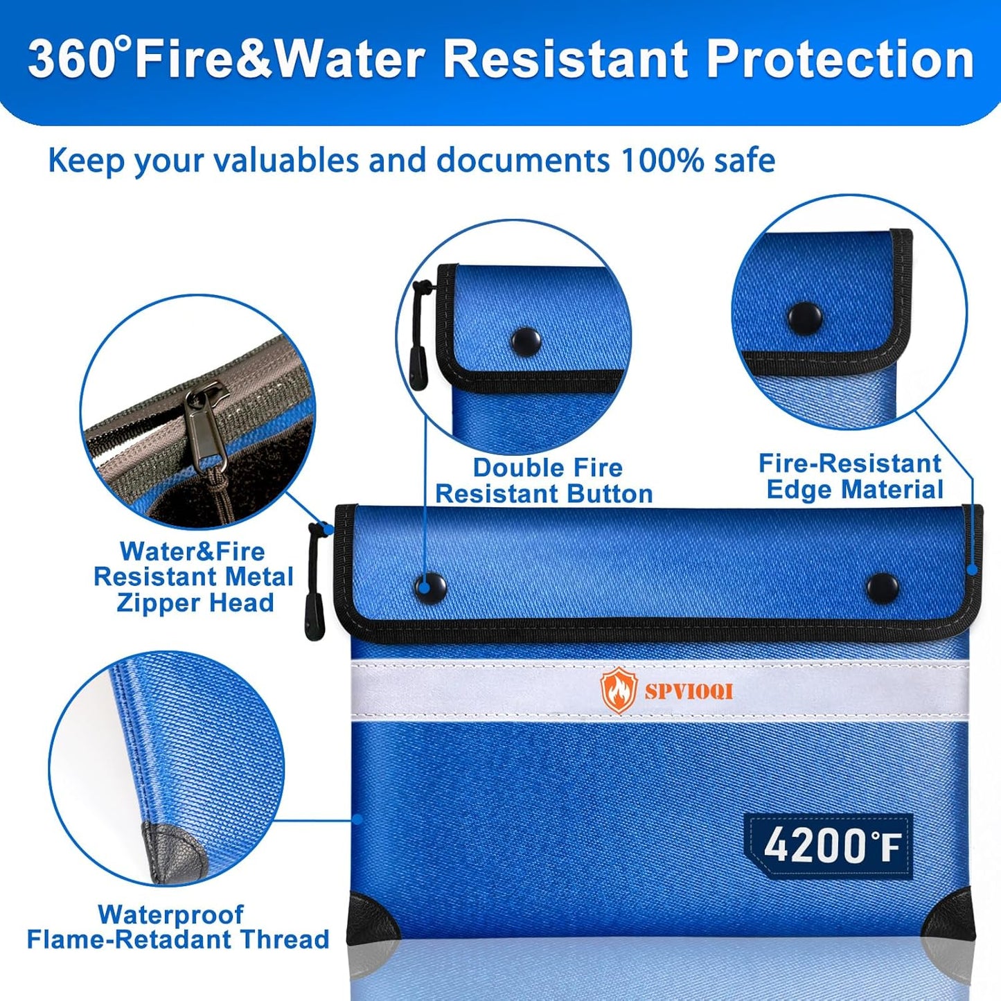 Upgraded 5200°F Fireproof Money Bag, Fireproof Bag with Zipper, Reflective Strip for Fast Find, 8 Layers of Heat Insulated Materials, Water Resistant, Fireproof Money Bag for Cash, A5 Documents