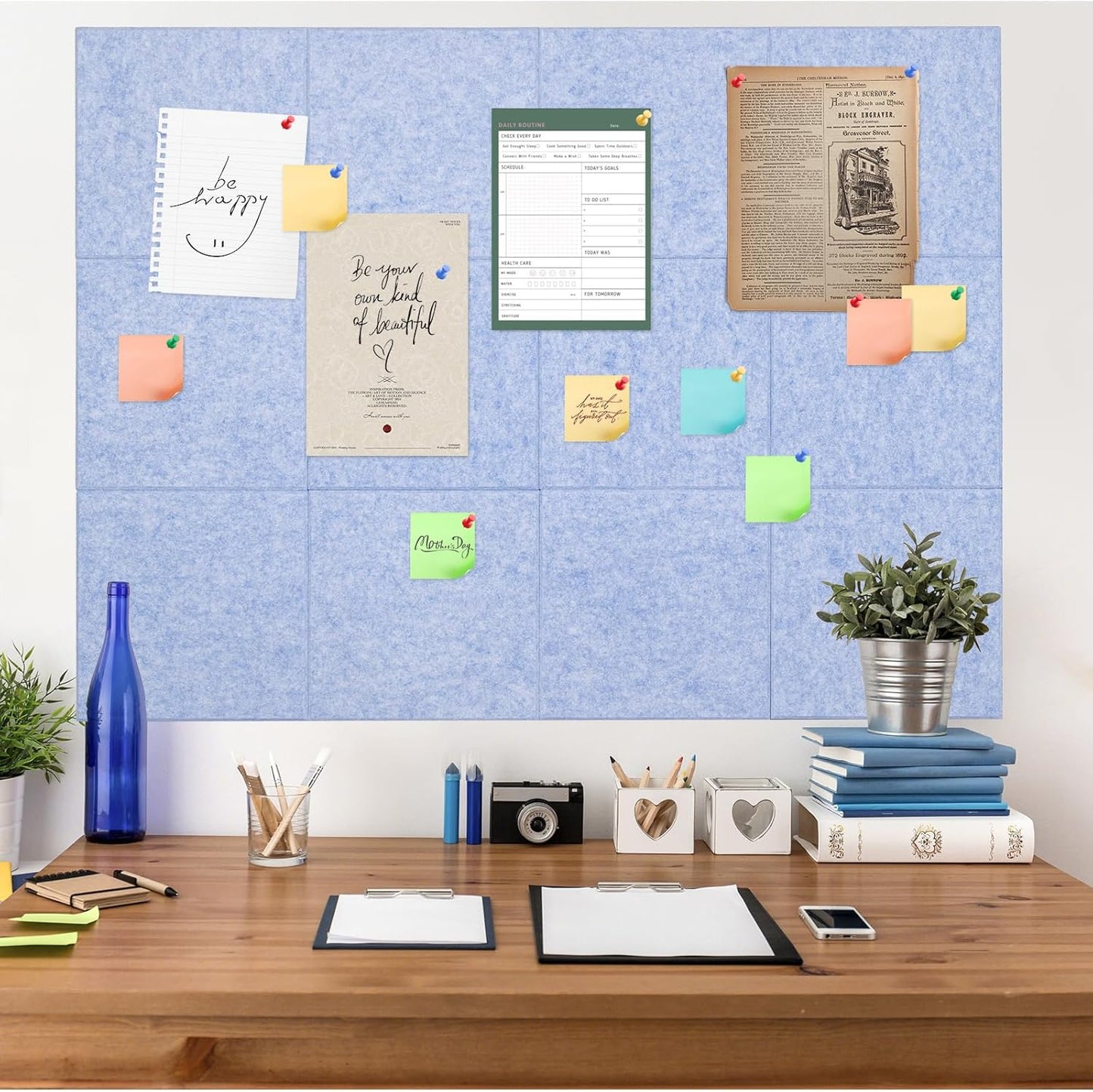 Large Cork Board Alternative, 15 Pack Felt Board with Safe Removable Adhesive Tabs Felt Wall Tiles, Large Cork Boards for Walls, Cork Board for Home Office, Pin Boards for Walls, Light Blue