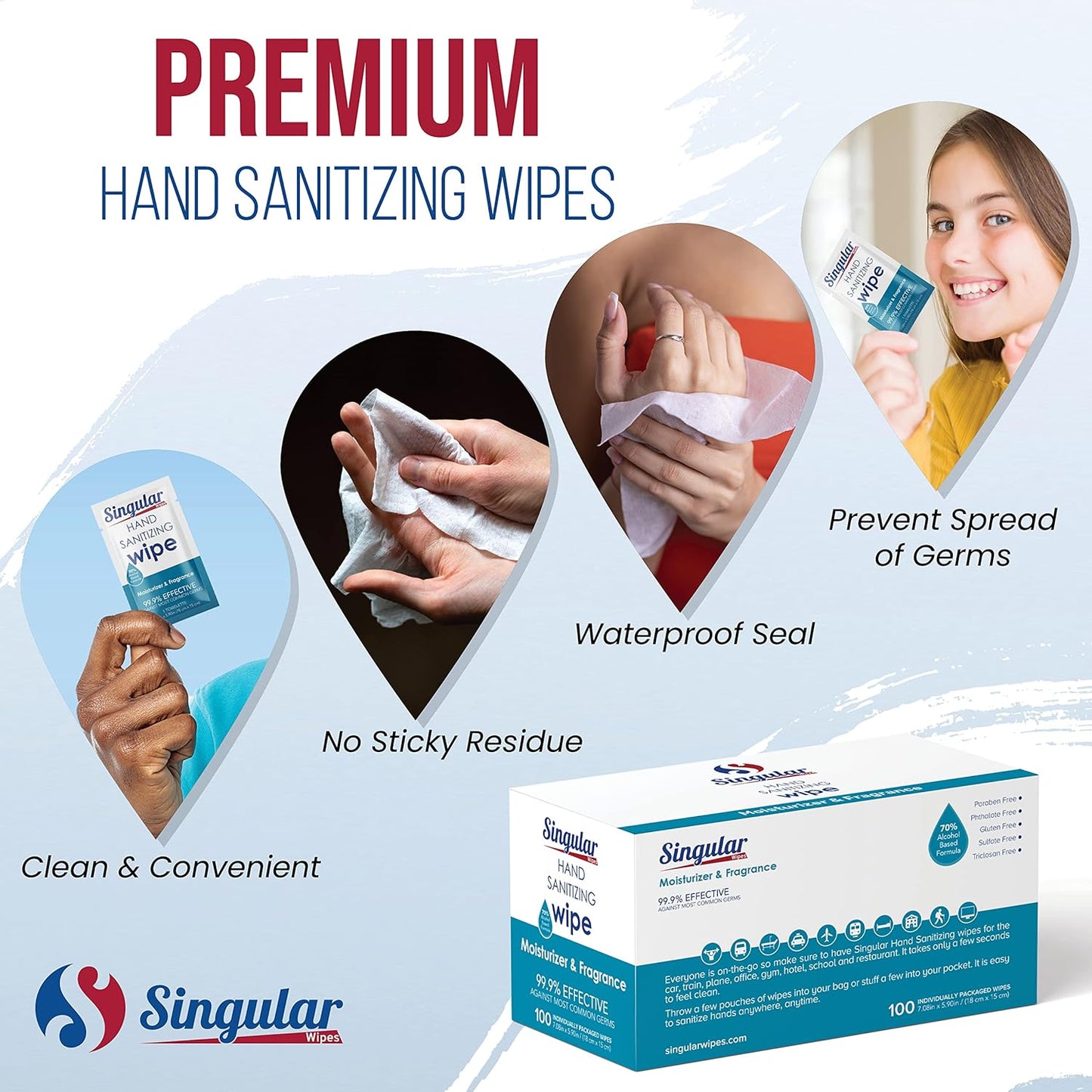 Hand Sanitizing Wipes Travel Size by Singular Wipes – 100ct Individually Wrapped | Fresh Citrus Scent, Moisturizing, 70% Alcohol Wipes | Travel, Office, School, Home | Made in USA